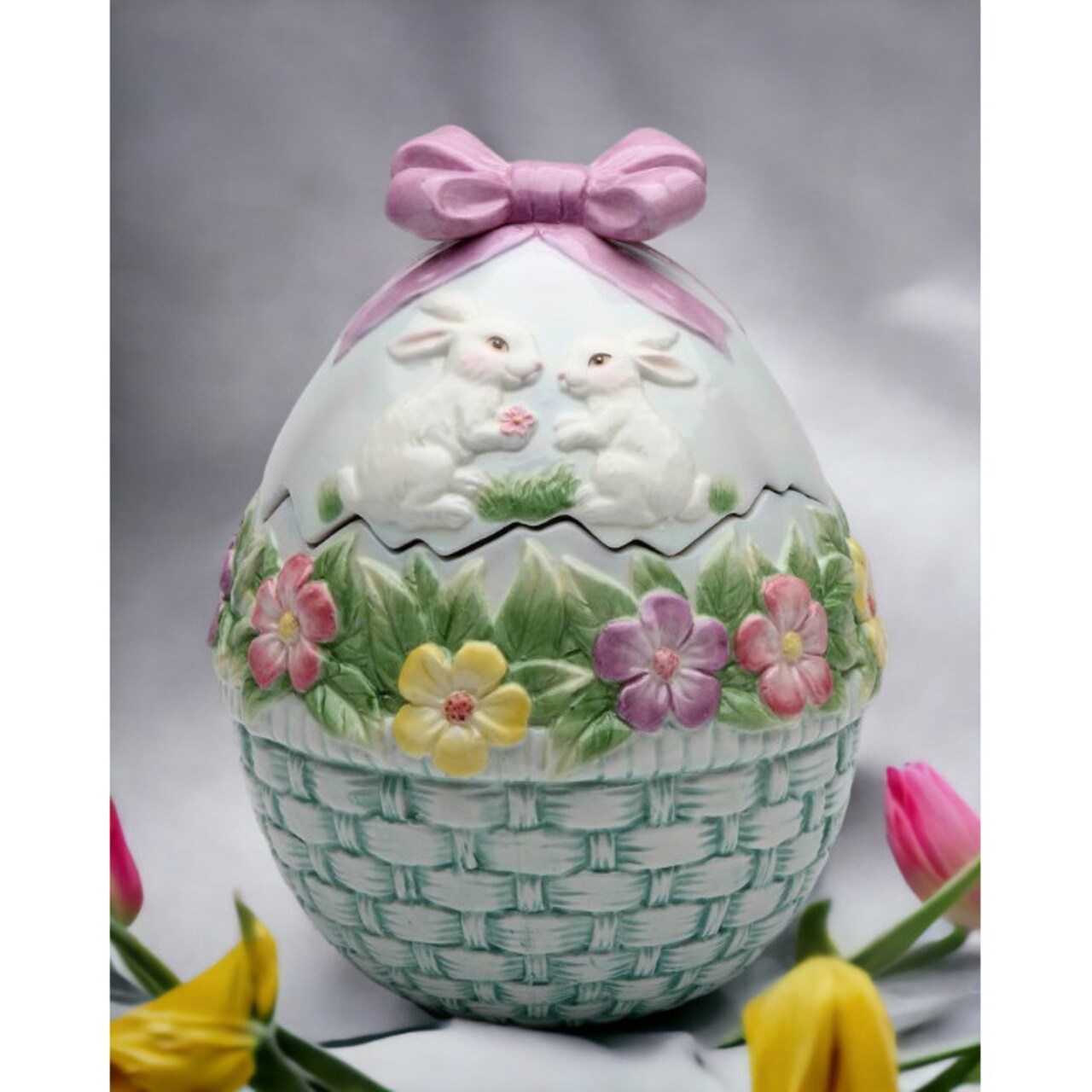 Easter and Spring: Easter Egg Shaped Cookie Jar with Bunny Rabbits and Flowers